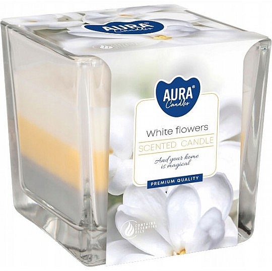 White Flowers Candle in Square Glass - Bispol Aura White Flowers Candles