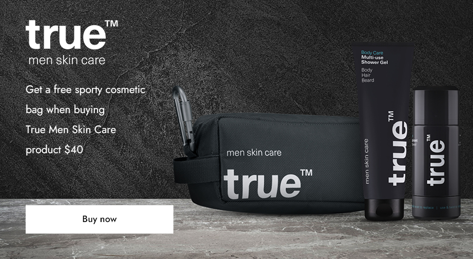 Get a free sporty cosmetic bag when buying True Men Skin Care products $40 
